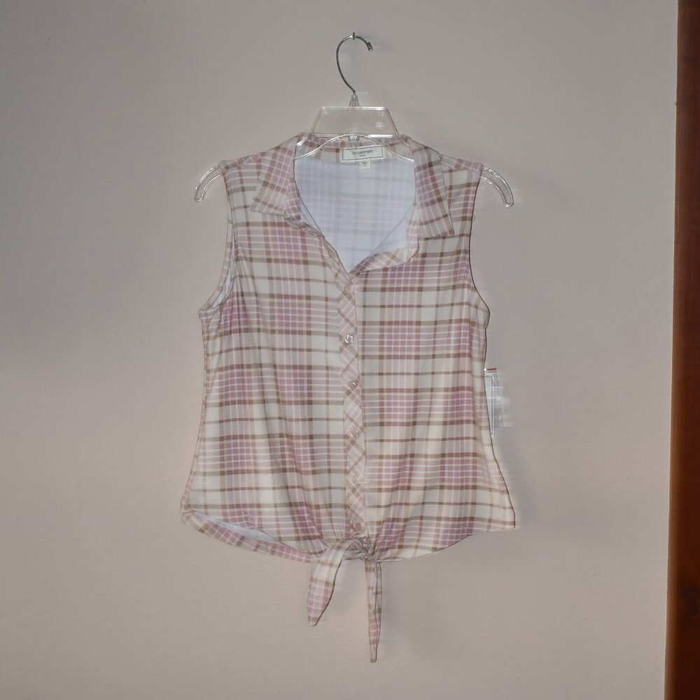 No Comment Women's Pink Plaid Sleeveless Button-Up Knot Front Top Size Large